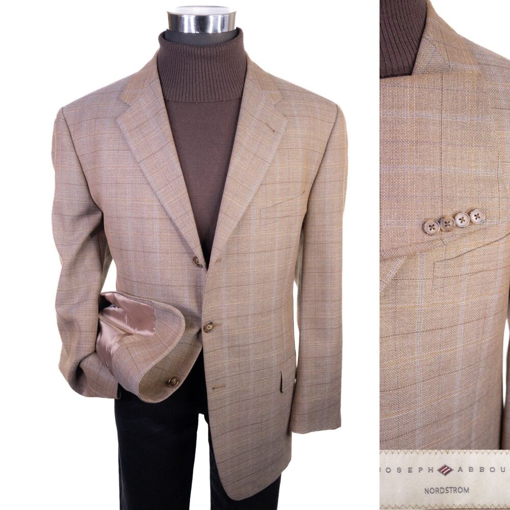 Joseph Abboud Sport Coat Mens 43R Windowpane Wool Casual Jacket Three Button